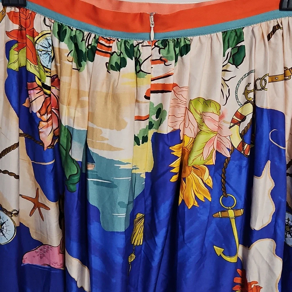 ANTONIO MELANI Evie‎ Cotton A-line Maxi Skirt: Ocean Print: Size-14